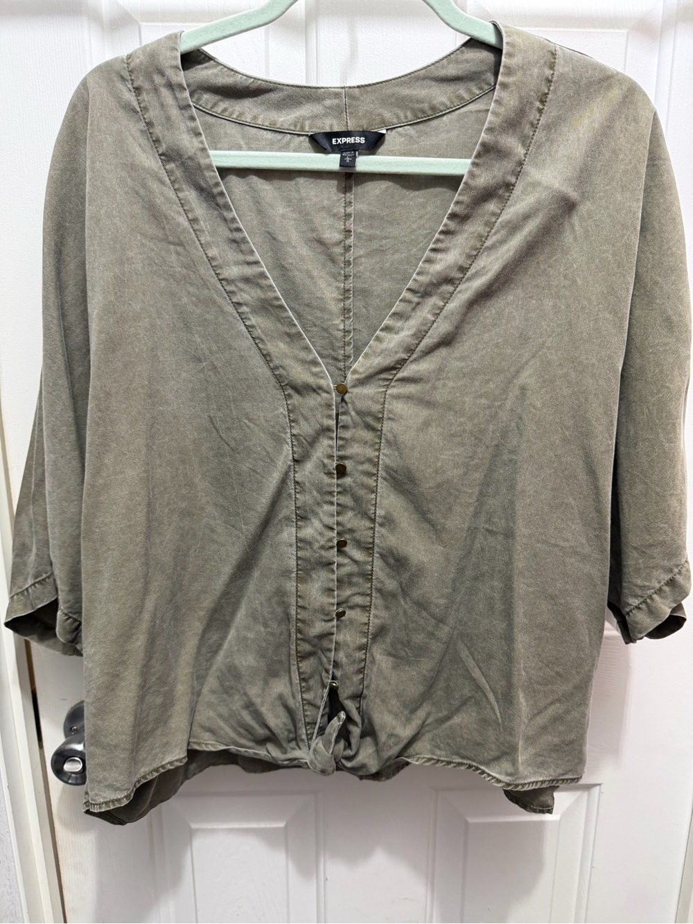 Express Olive Tie-Front V-Neck Button Top